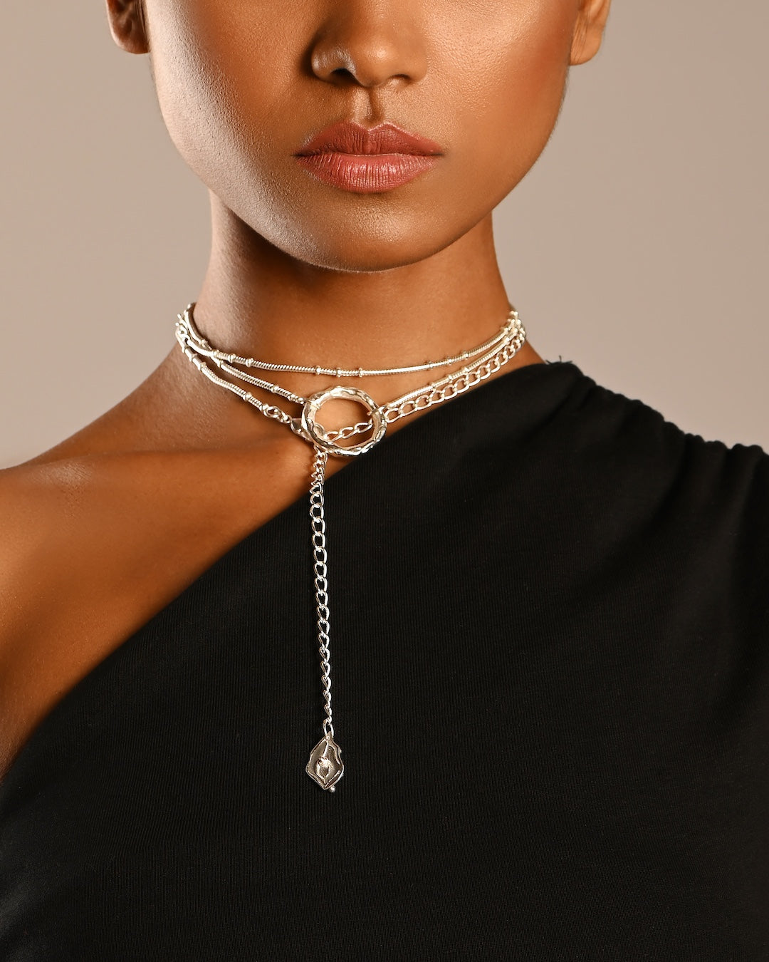 Model wearing the Clairvoyance Multiway Wrap Chain as a Silver Choker